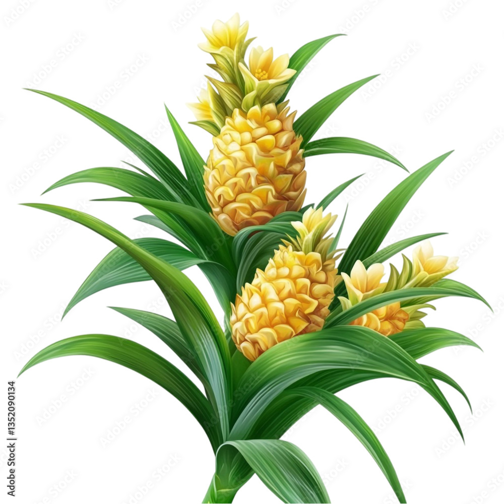 Vibrant Pineapple Plant with Yellow Flowers Tropical Green Leaves Vibrant Pineapple Plant with Yellow Flowers Tropical Green Leaves