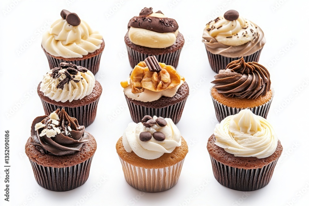 An overhead shot of nine cupcakes with various frostings and toppings arranged on a white surface An overhead shot of nine cupcakes with various frostings and toppings arranged on a white surface