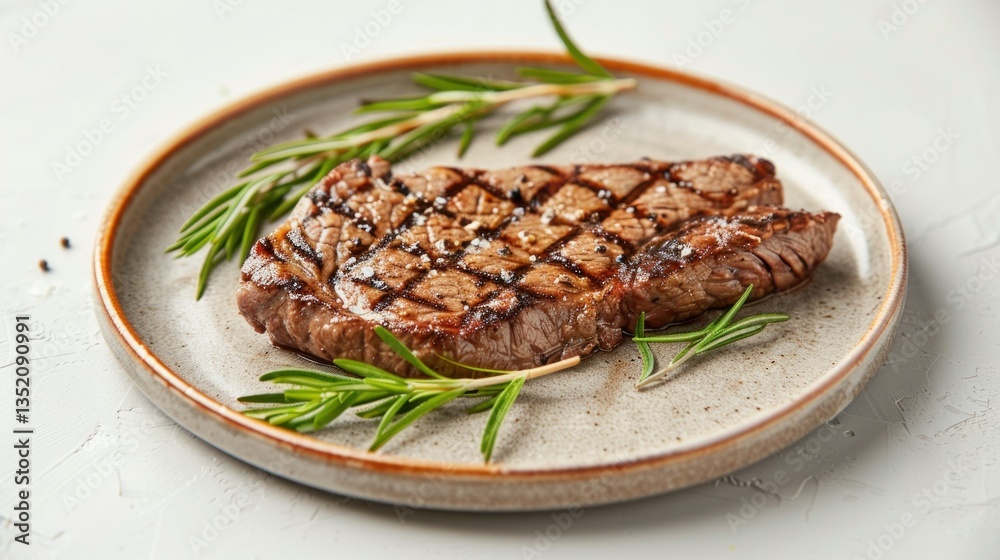 A grilled striploin steak showcased on a simple, textured ceramic plate. A grilled striploin steak showcased on a simple, textured ceramic plate.