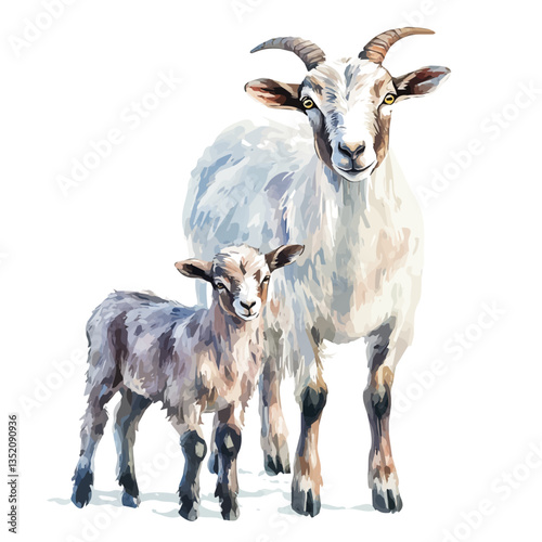 A watercolor vector painting of a mother goat with her kid, isolated on a white background.

