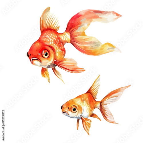 A watercolor vector painting of a mother goldfish with her kid, isolated on a white background.

