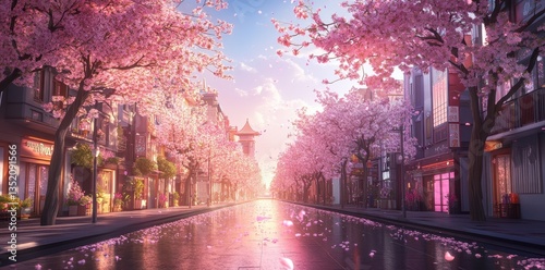 A beautiful street lined with blooming cherry blossom trees