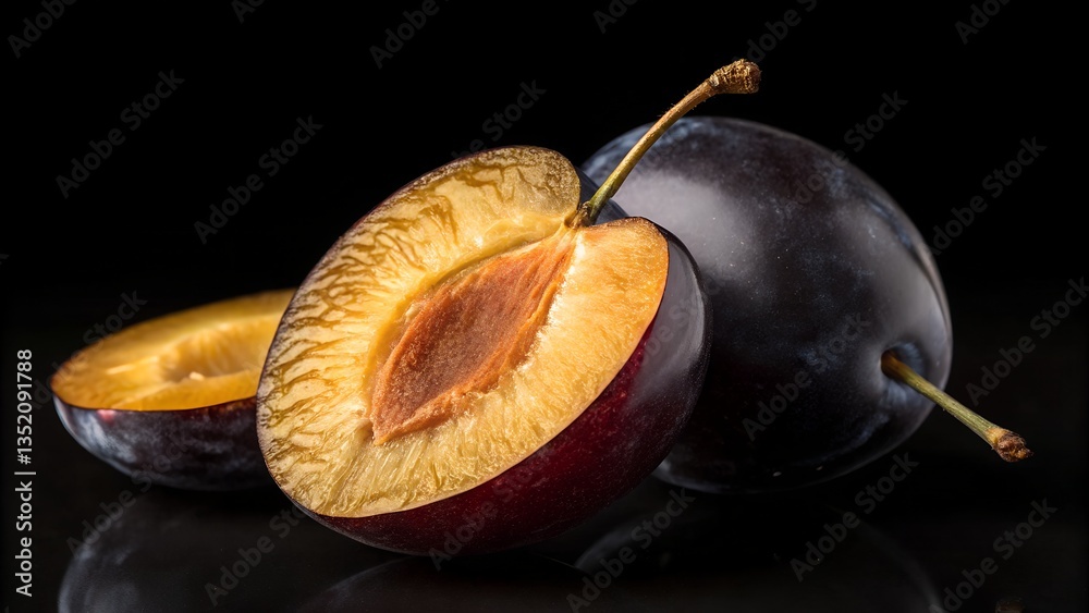 Fototapeta premium Plums: a captivating studio shot of fresh plums, showcasing their vibrant hues, succulent flesh, and the natural beauty of these delectable fruits