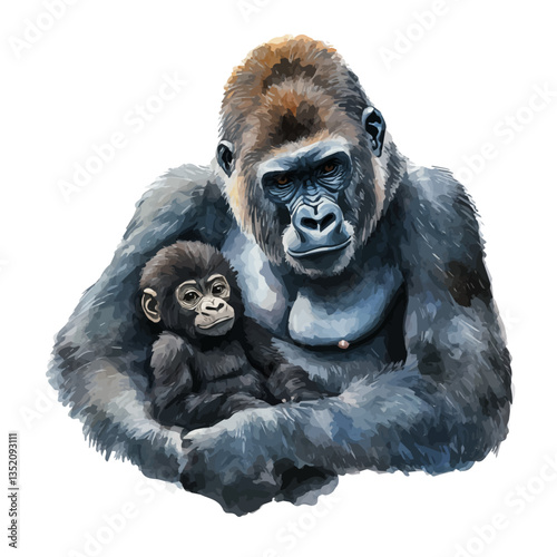 A watercolor vector painting of a mother gorilla with her kid, isolated on a white background.


