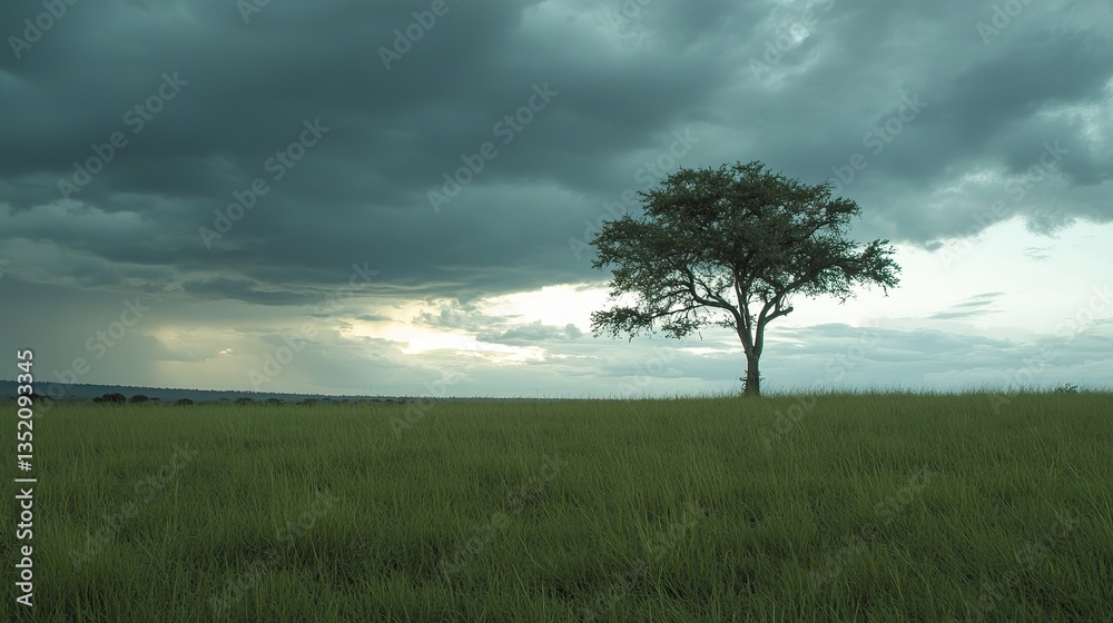 Obraz premium A solitary tree standing in a green, grassy field under a dark gray sky with soft light, presenting a peaceful and natural scene.