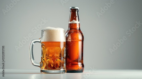 Side view of a beer bottle and a stein filled with beer, capturing the amber color and foam, set against a plain background to emphasize the product.