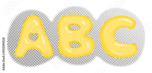 Bubble glossy 3 letters ABC in English, vector 3D yellow font on dotted halftone background. Print for teachers, journalists, students, writers, schoolchildren