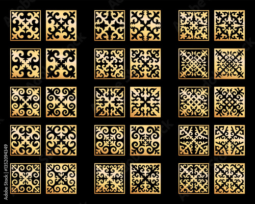 Vector Set of different gold ornaments in Kazakh style isolated on a black background. Square decor in two variant the positive and negative. Elements of the national pattern of the ancient nomads