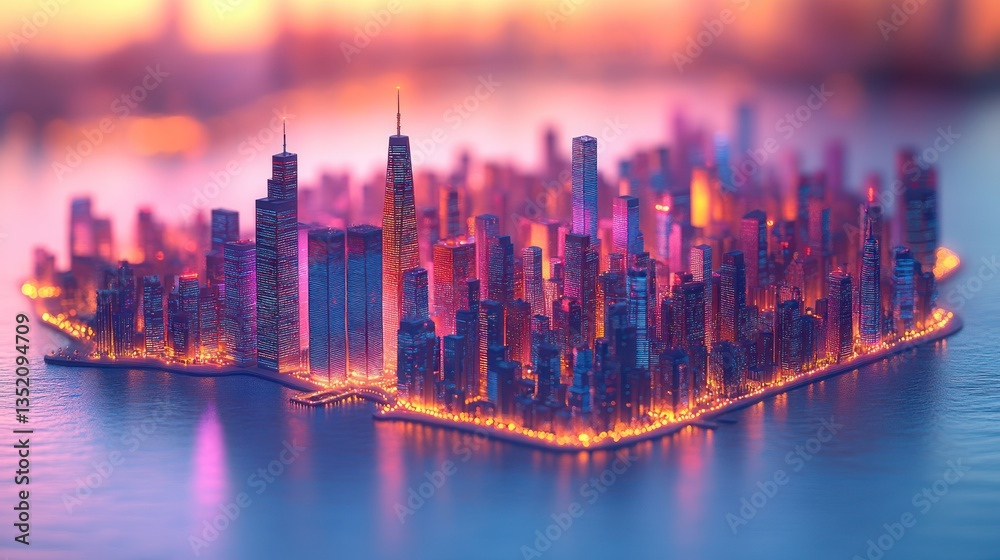 Obraz premium 3D rendered city island at sunset. Possible use in advertising or design