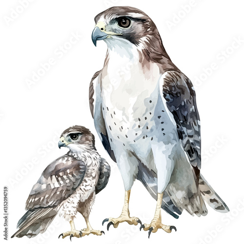 A watercolor vector painting of a mother goshawk with her kid, isolated on a white background.

