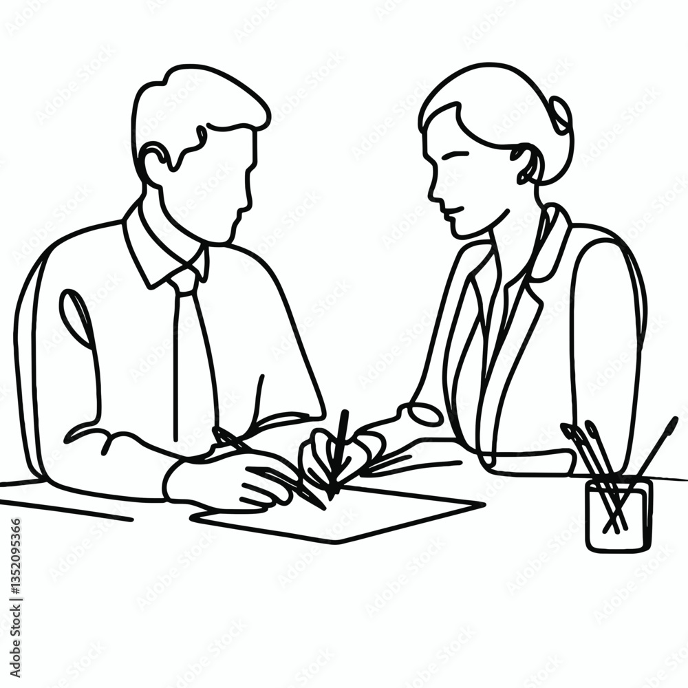 Line art illustration of a business meeting between two professionals discussing and taking notes Line art illustration of a business meeting between two professionals discussing and taking notes