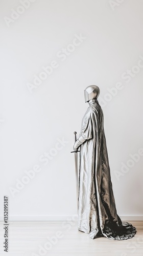 Medieval Knight Figure in Silver Armor against White Wall photo