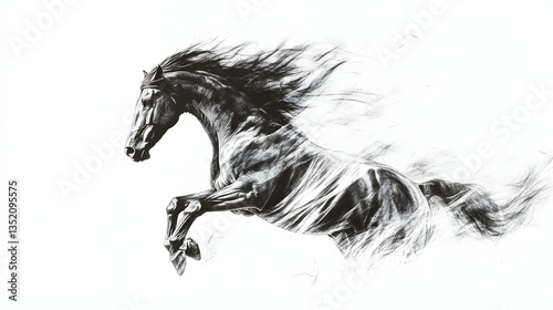 The Majestic Stallion: A breathtaking charcoal drawing captures a powerful stallion mid-leap, its flowing mane and tail conveying a sense of untamed freedom and raw energy. 