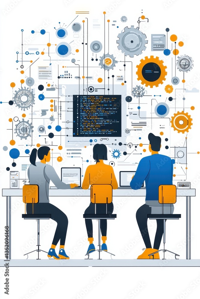 Fototapeta premium A minimalist vector illustration of three people collaborating on an AI project. 