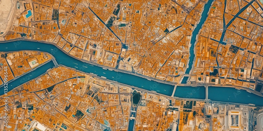 Obraz premium Aerial view of a vibrant urban landscape with winding river, showcasing historic architecture and waterways