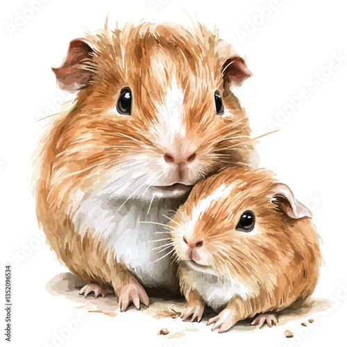 A watercolor vector painting of a mother guinea pig with her kid, isolated on a white background.


