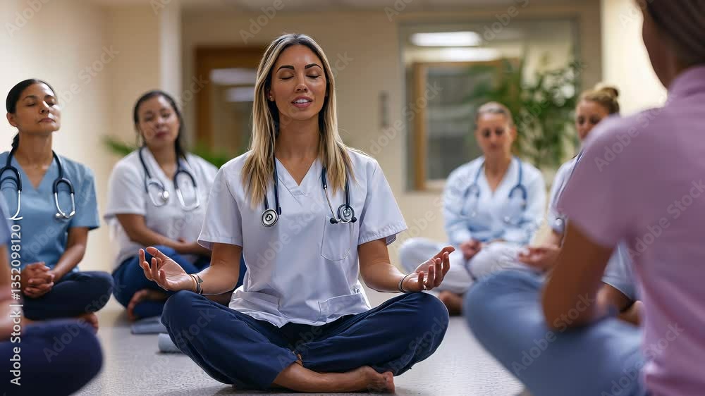 Health professionals practice mindfulness meditation in a training session to enhance well-being and reduce stress