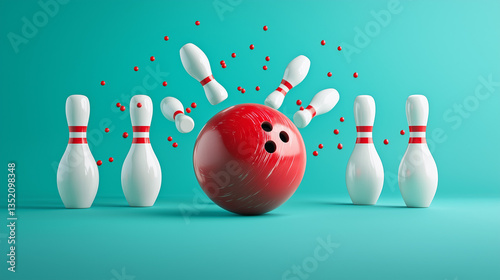 Bowling Ball Surrounded by White Pins. Banner with Space for Text.