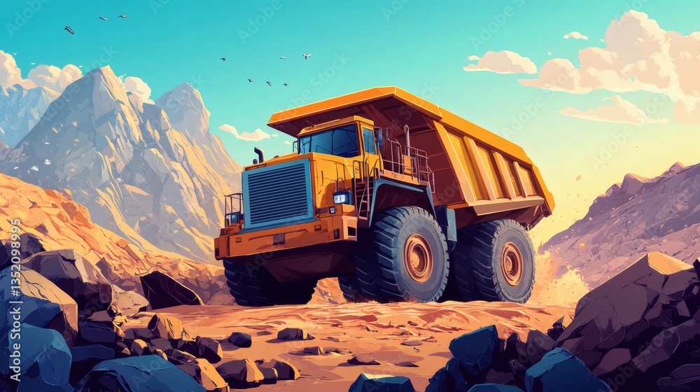 A large yellow dump truck transports rocks in a mountainous area. A large yellow dump truck transports rocks in a mountainous area.