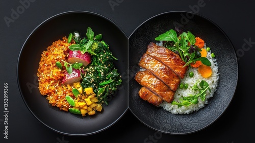 Colorful bowls of delicious food feature rice, vegetables & varying textures. Dark backgrounds enhance orange, green, & black hues, creating inviting dishes.