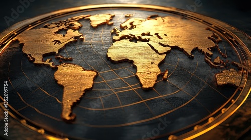 A golden stylized world map rests on a textured dark surface