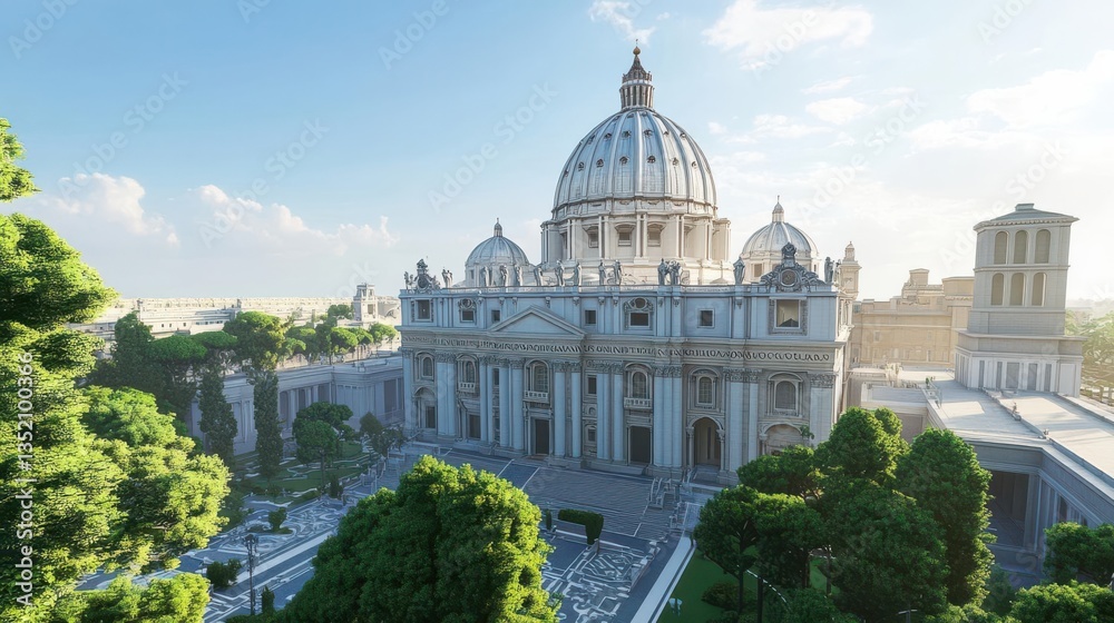 Obraz premium Majestic view of a grand basilica surrounded by lush greenery and a clear blue sky