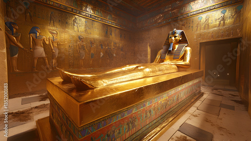 Golden Pharaoh's Tomb: A magnificent depiction of an ancient pharaoh's tomb, adorned with opulent gold and intricate hieroglyphs, creating an atmosphere of mystery and historical richness.