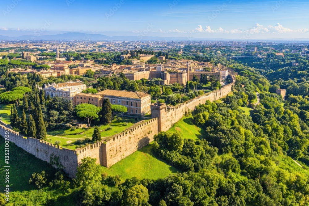 Fototapeta premium Aerial view of a historic castle surrounded by lush greenery and distant mountains under blue sky