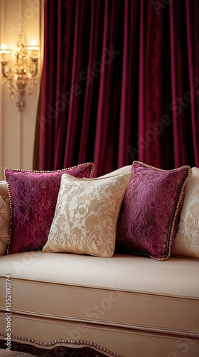 Maroon velvet couch, plush pillows and cushions grace the home interior. Luxurious velvet drapes complement the fabric, creating an inviting space.
