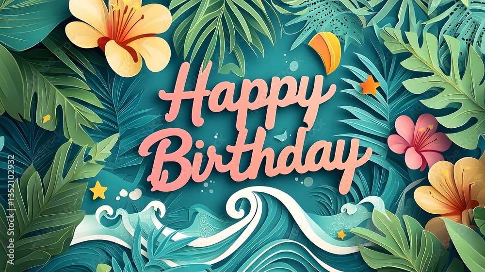 Obraz premium Vibrant and colorful tropical paradise themed paper cut design featuring lush palm leaves ocean waves and a bright Happy Birthday banner and decorative background perfect for summer beach