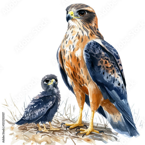 A watercolor vector painting of a mother harrier with her kid, isolated on a white background.

