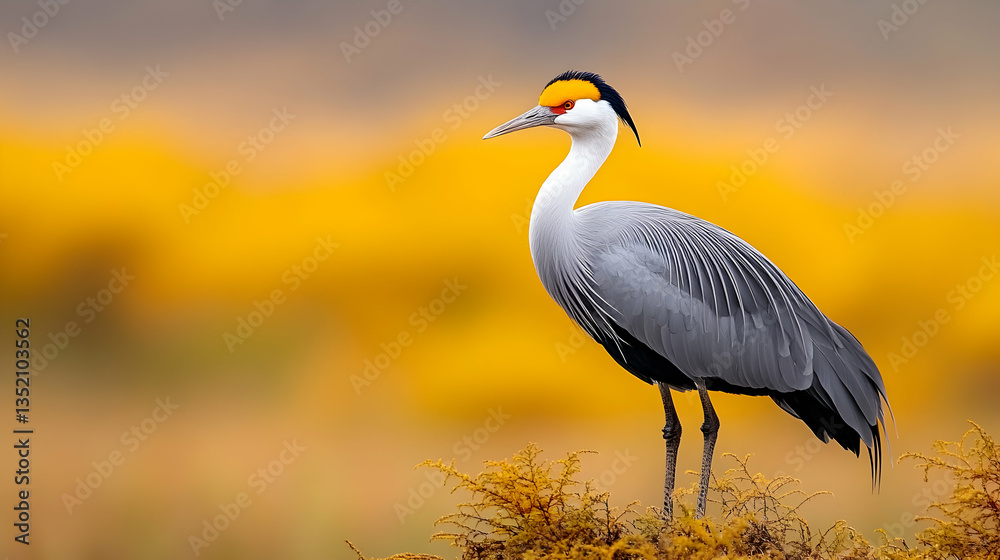 Fototapeta premium Grey Crowned Crane standing in grassy field, golden sunset background, wildlife photography for nature documentaries