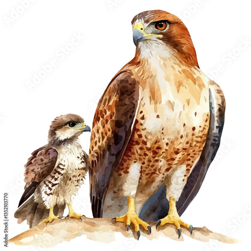 A watercolor vector painting of a mother hawk with her kid, isolated on a white background.

