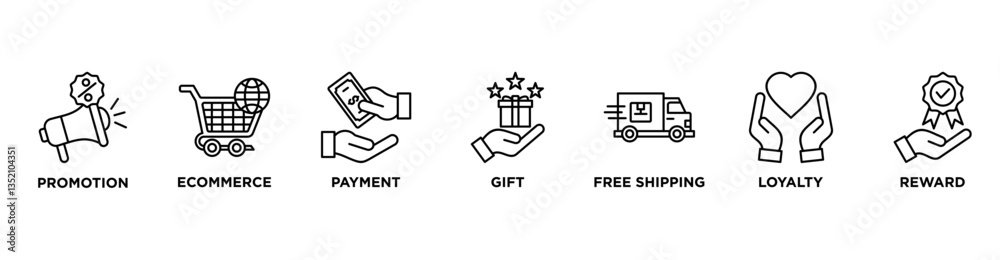 Shopping banner web icon vector illustration concept with icon of promotion, ecommerce, payment, gift, price, free shipping, loyalty, reward Shopping banner web icon vector illustration concept with icon of promotion, ecommerce, payment, gift, price, free shipping, loyalty, reward