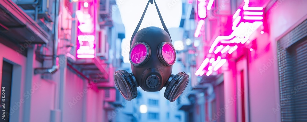 Obraz premium Gas mask hanging in neon-lit alleyway.