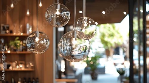 Glass globe pendant lights illuminate a modern shop interior.