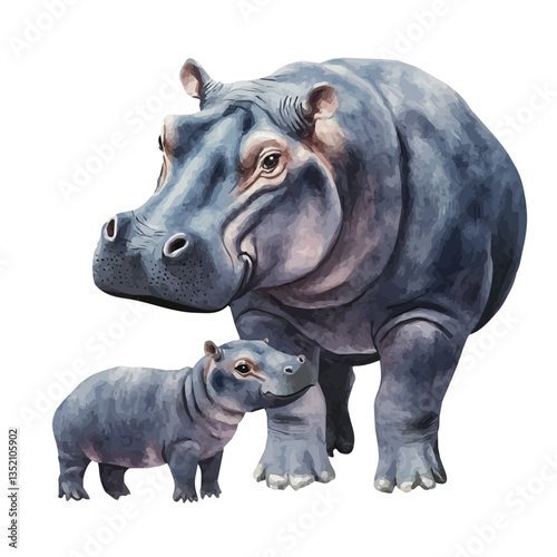 A watercolor vector painting of a mother hippopotamus with her kid, isolated on a white background.

