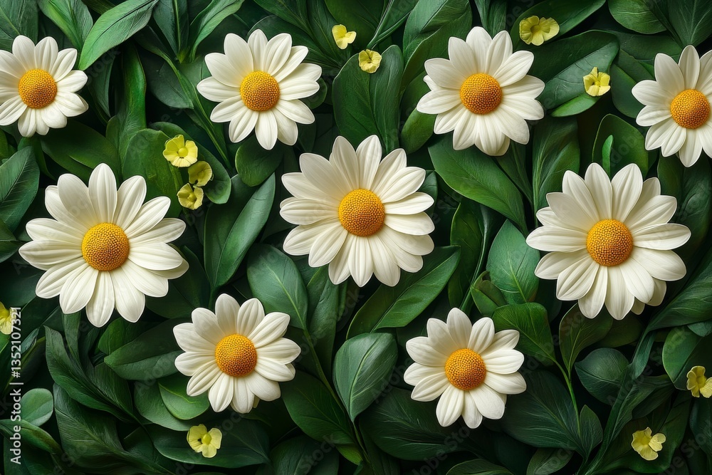 Fototapeta premium Daisy meadow filled with white daisies with yellow centers surrounded by lush green leaves. Concept of serene beauty in a vibrant daisy meadow featuring delicate flowers.