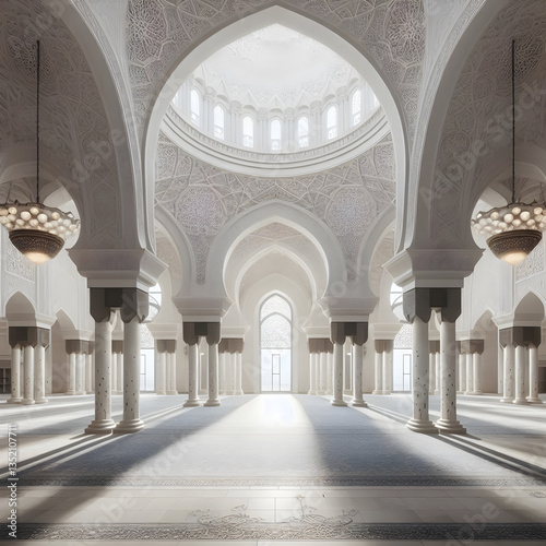 Empty white brown colosal arabic mosque room real background