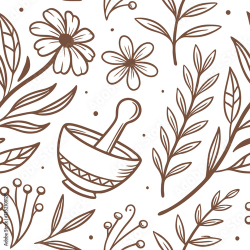 Herbal medicine seamless pattern design with flowers and mortar pestle illustration