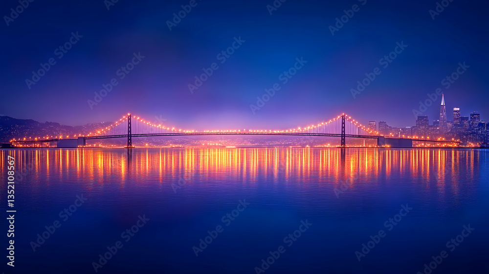 Fototapeta premium Illuminated bridge at twilight, city skyline reflection, calm water, nighttime cityscape