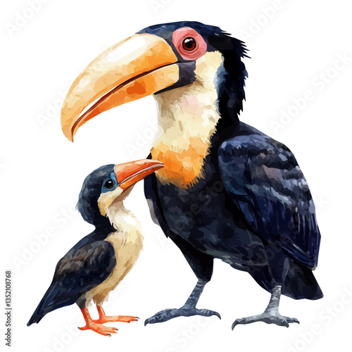 A watercolor vector painting of a mother hornbill with her kid, isolated on a white background.

