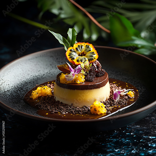 A luxurious tropical dessert, chocolate mousse served on a dark plate