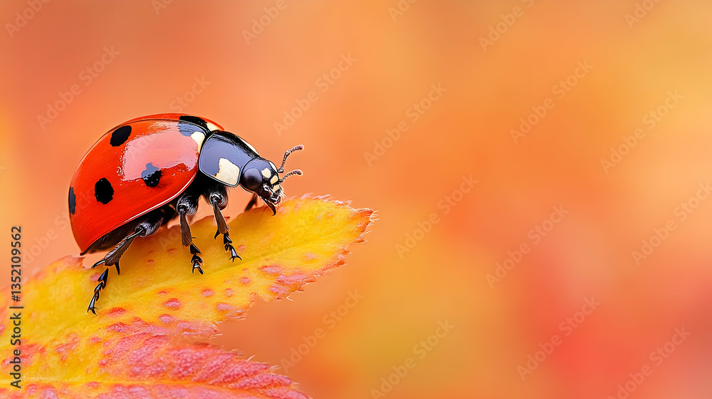 Obraz premium Ladybug on autumn leaf, blurred orange background, nature close-up, perfect for seasonal designs