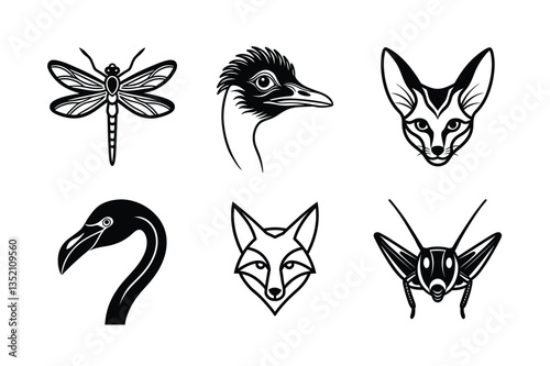 many kinds of animal head line and fill art vector silhouette illustration