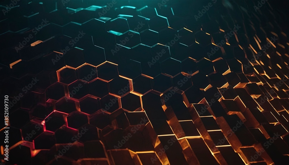 Fototapeta premium Hexagon Abstract: A captivating abstract composition featuring a repeating hexagonal pattern, bathed in a mesmerizing gradient of vibrant colors.