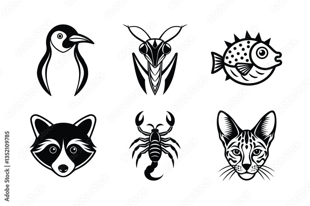 Fototapeta premium many kinds of animal head line and fill art vector silhouette illustration