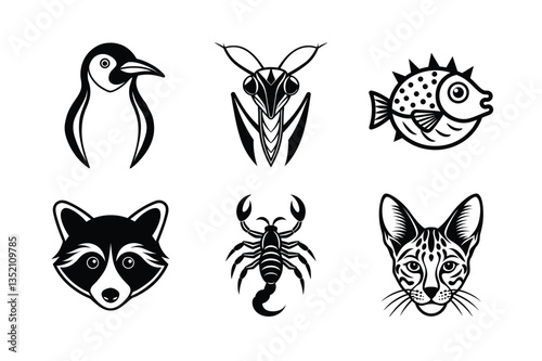 many kinds of animal head line and fill art vector silhouette illustration