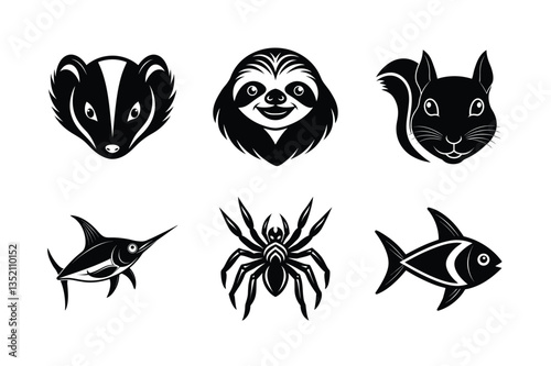 many kinds of animal head line and fill art vector silhouette illustration