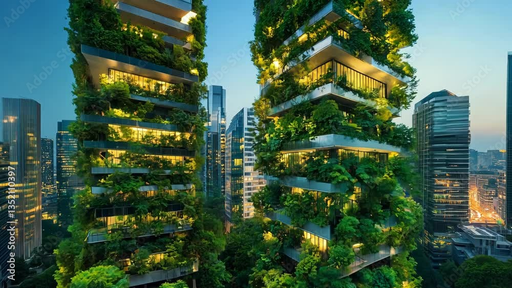 Two urban towers covered in greenery illuminate the city skyline at dusk, showcasing innovative vertical gardens and contemporary architecture